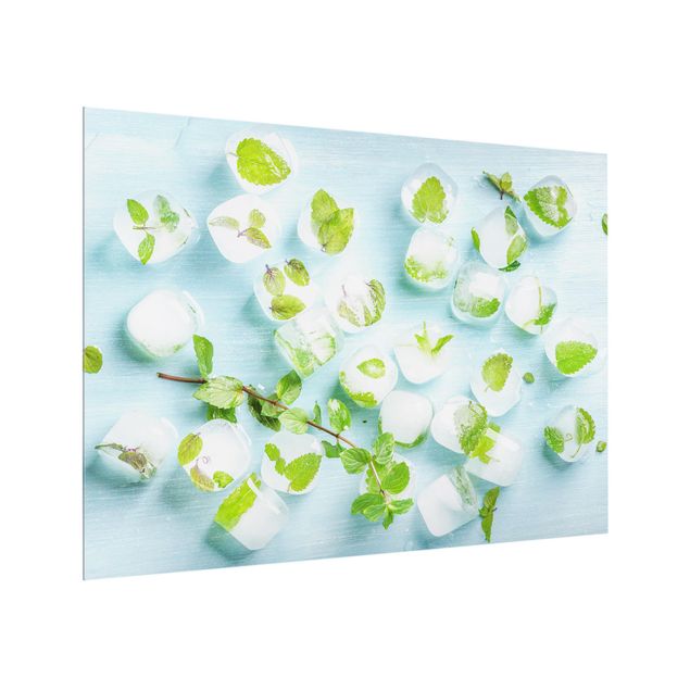 Glasrückwand Küche Eiswürfel mit Minzblättern