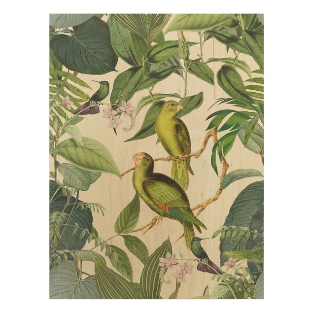 Holzbilder Blumen Vintage Collage - Papageien im Dschungel