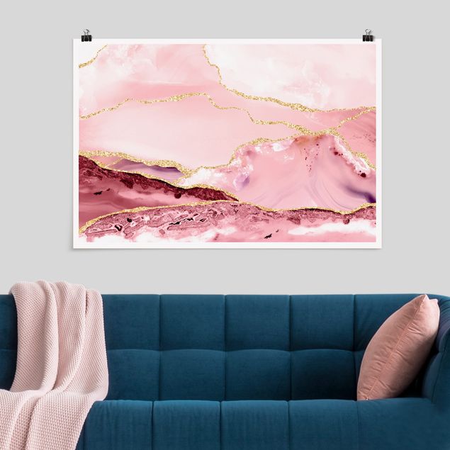 Wanddeko Küche Abstrakte Berge Rosa mit Goldene Linien