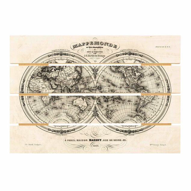 Bilder auf Holz Weltkarte - Französische Karte der Hemissphären von 1848