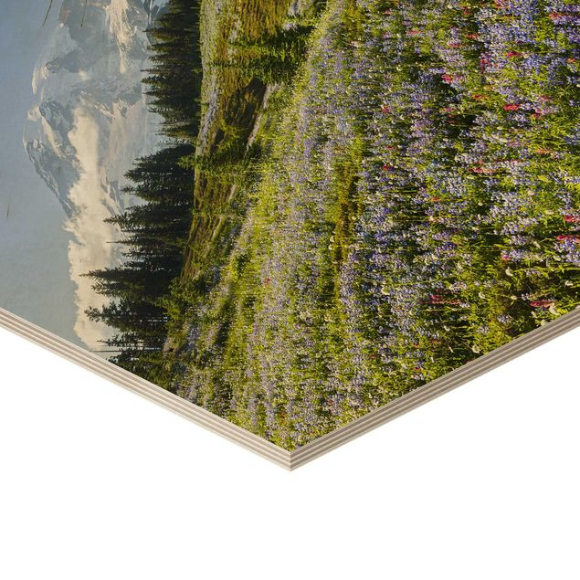 Hexagon-Holzbild - Bergwiese mit roten Blumen vor Mt. Rainier