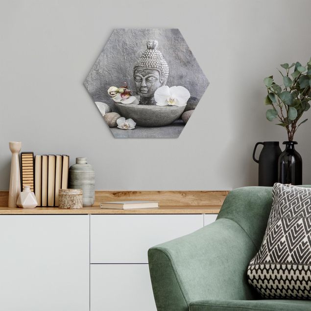 Wanddeko Küche Zen Buddha, Orchideen und Steine