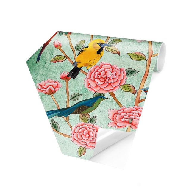 Tapeten Modern Chinoiserie Collage in Mint
