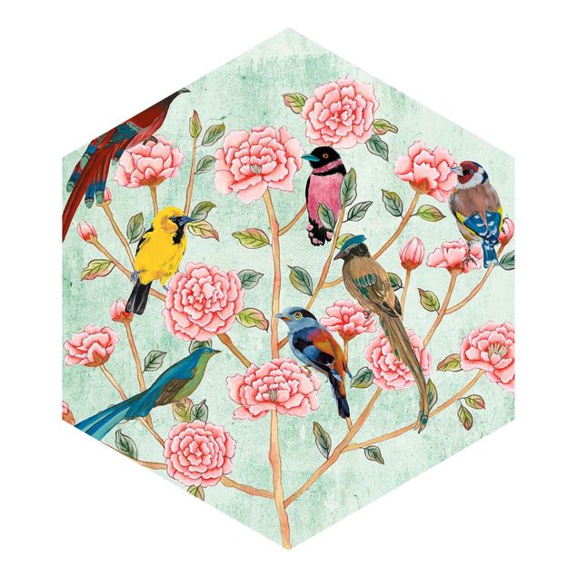 Tapete Blumen Chinoiserie Collage in Mint