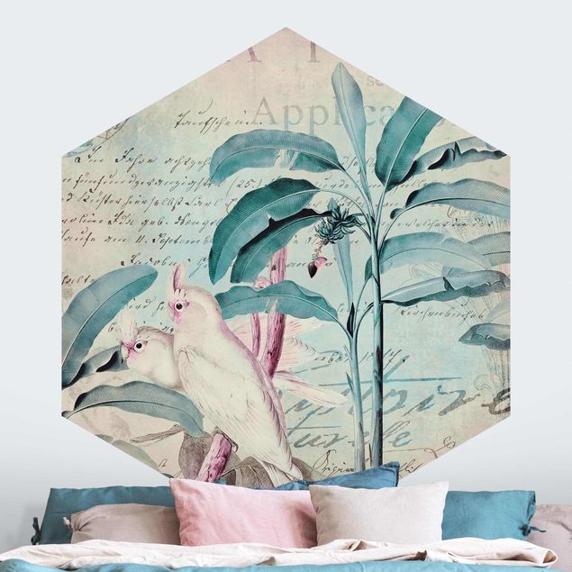 Vogel Tapete Colonial Style Collage - Kakadus und Palmen