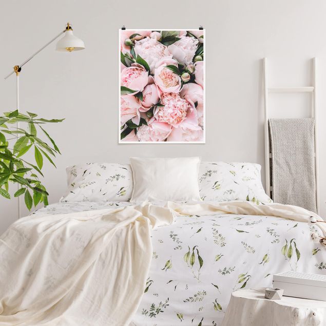 Poster mit Blumen Rosa Pfingstrosen mit Blättern