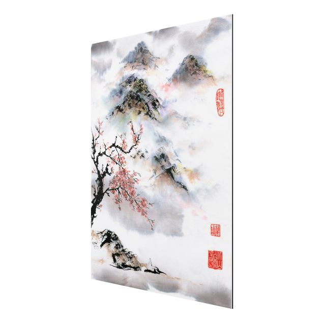 Wandbilder Berge Japanische Aquarell Zeichnung Kirschbaum und Berge