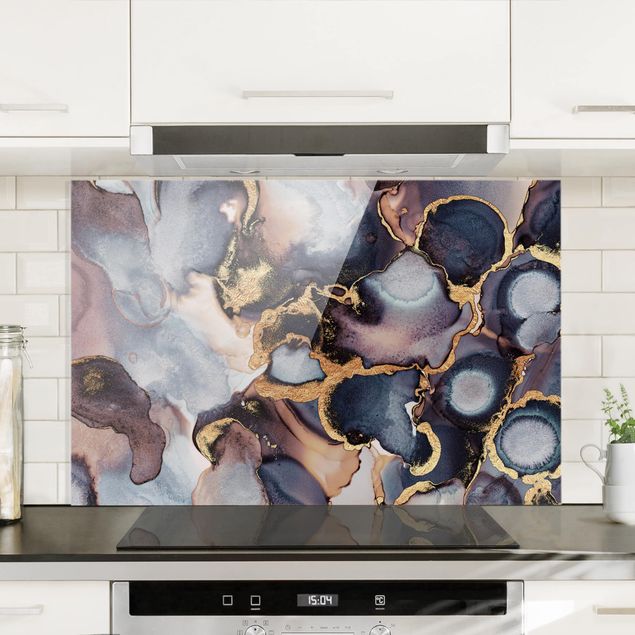 Wanddeko Küche Marmor Aquarell mit Gold