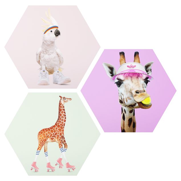 Wandbilder Kunstdrucke Giraffen und Kakadu Sport Set I