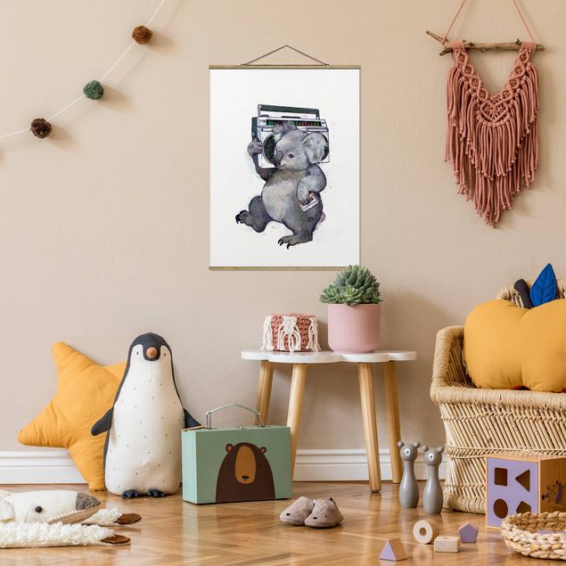 Wandbilder Berge Illustration Koala mit Radio Malerei
