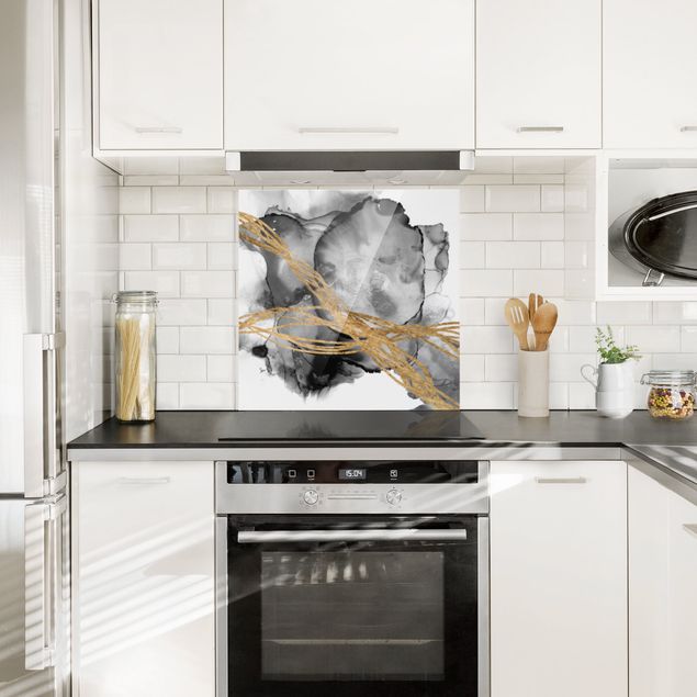 Glasrückwand Küche Schwarze Tusche mit goldenen Linien