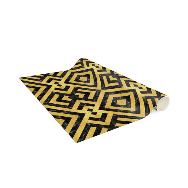 Teppich modern Geometrischer Fliesenmix Art Deco Gold Schwarzer Marmor