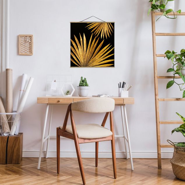 Wandbilder Floral Gold - Palmenblatt auf Schwarz