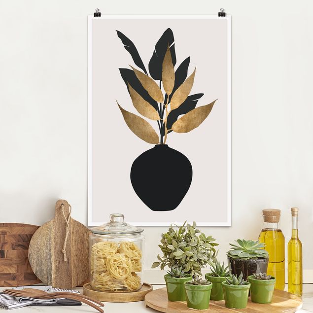 Wanddeko Küche Grafische Pflanzenwelt - Gold und Schwarz