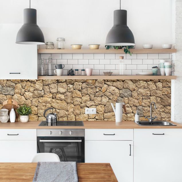Glasrückwand Küche Alte Wand aus Pflasterstein