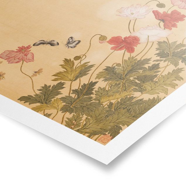 Kunstdrucke Poster Yuanyu Ma - Mohnblumen und Schmetterlinge
