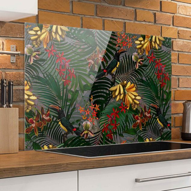 Wanddeko Küche Tropische Farne mit Tucan Grün