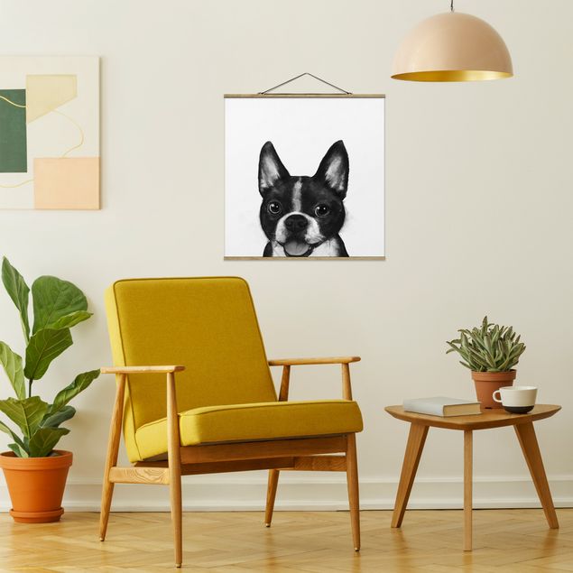 Wandbilder Kunstdrucke Illustration Hund Boston Schwarz Weiß Malerei