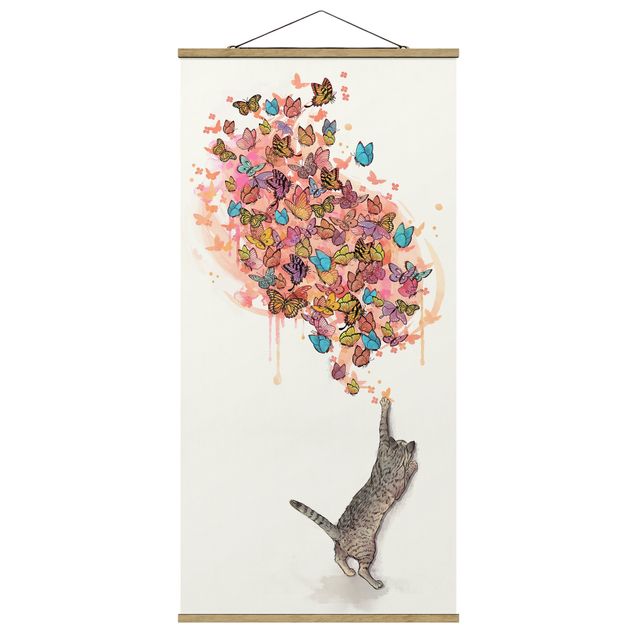 Wandbilder Kunstdrucke Illustration Katze mit bunten Schmetterlingen Malerei