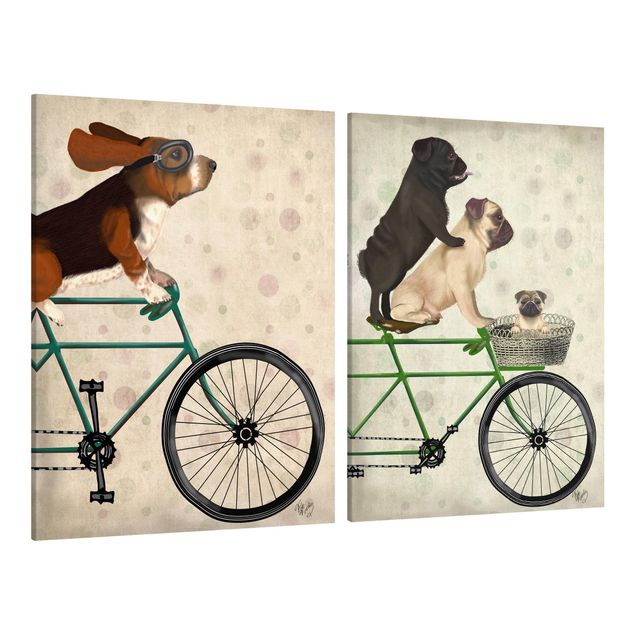 Wandbilder Hunde Radtour - Basset und Möpse Set I