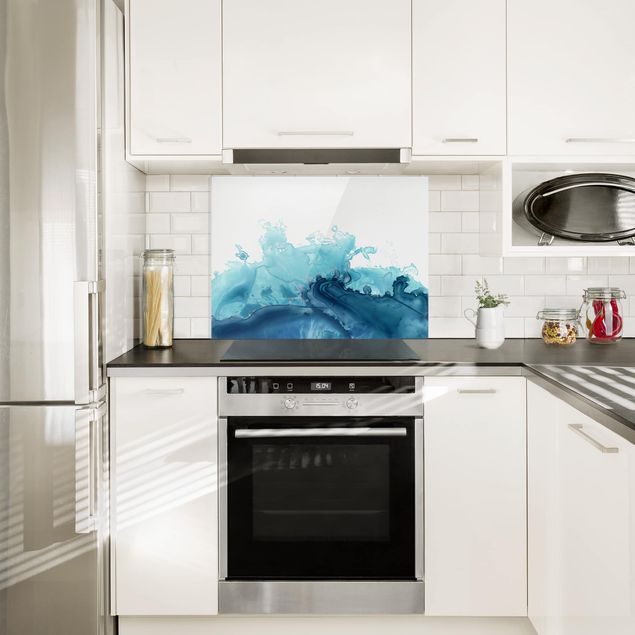Glasrückwand Küche Welle Aquarell Blau I