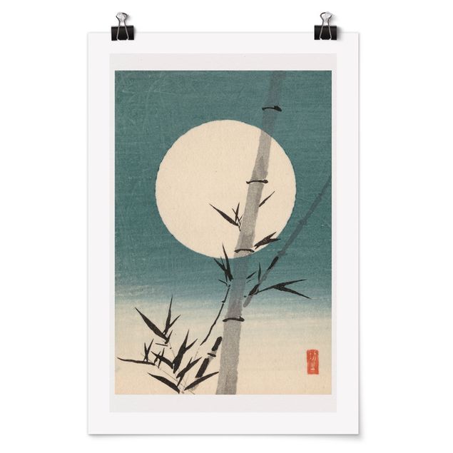 Poster Vintage Japanische Zeichnung Bambus und Mond
