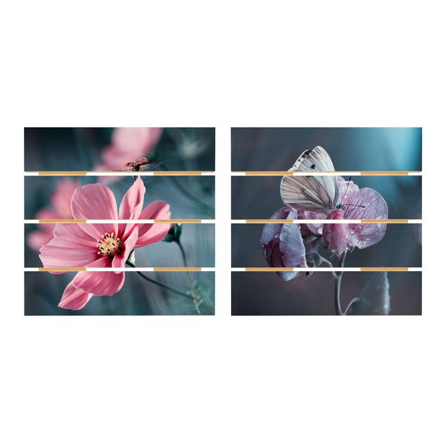 Holzbilder Schmetterling und Marienkäfer auf Blüten