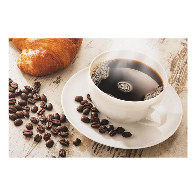 Spritzschutz Glas - Dampfende Kaffeetasse mit Kaffeebohnen - Querformat - 3:2
