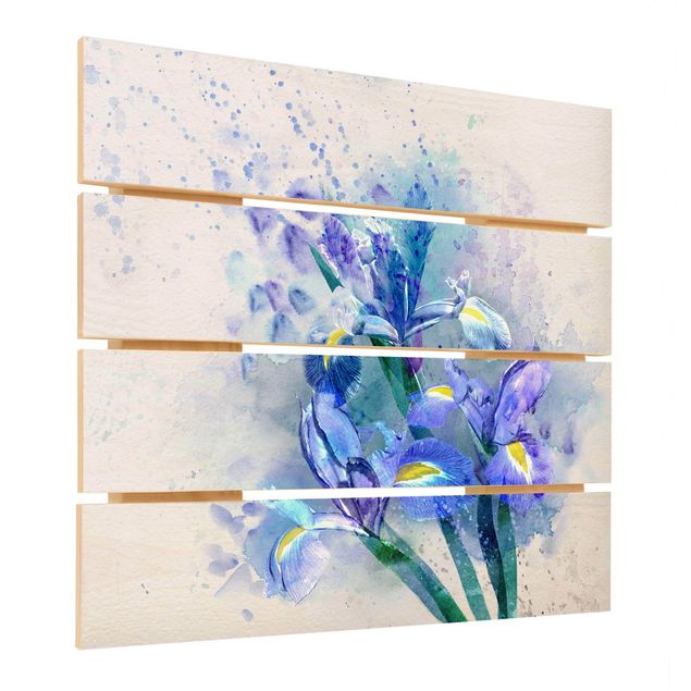 Holzbild - Aquarell Blumen Iris - Quadrat 1:1