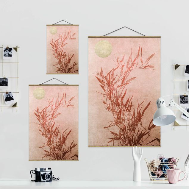Wandbilder Modern Goldene Sonne mit Rosa Bambus
