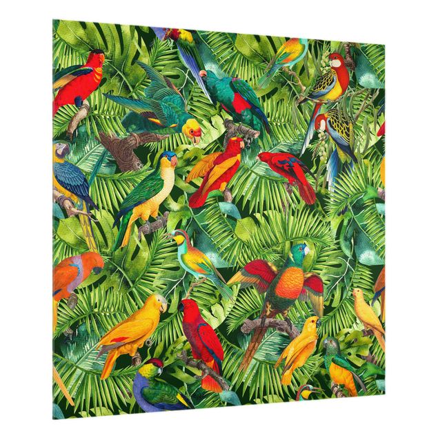 Spritzschutz Küche Glas Bunte Collage - Papageien im Dschungel