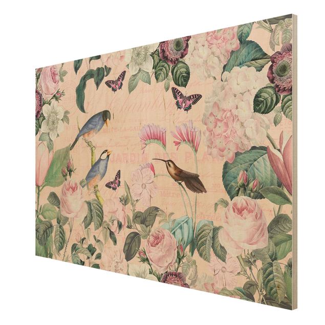 Wandbild Holz Vintage Vintage Collage - Rosen und Vögel