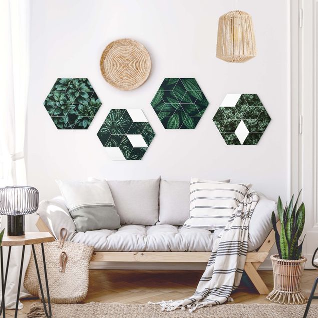 Wandbilder Floral Grüne Blätter Geometrie Set I