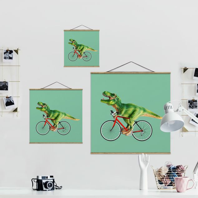 Wandbilder Grün Dinosaurier mit Fahrrad