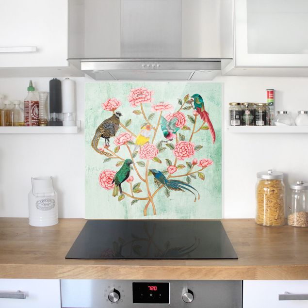 Glasrückwand Küche Blumen Chinoiserie Collage in Mint II