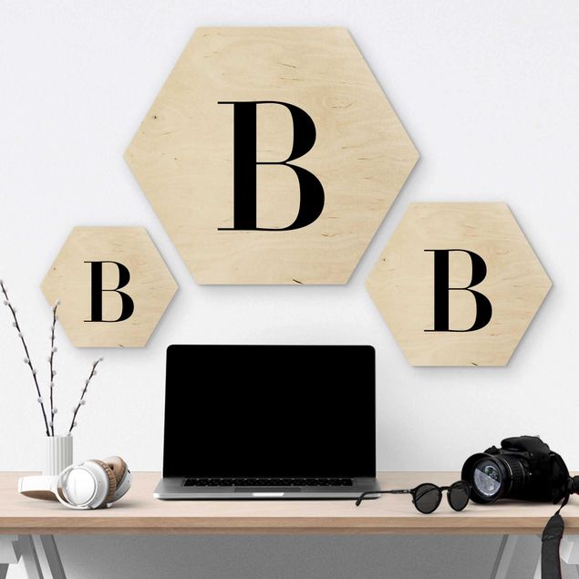 Hexagon Bild Holz - Buchstabe Serif Weiß B
