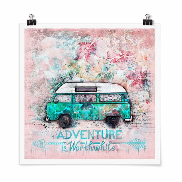 Wandbilder Kunstdrucke Bulli Adventure Collage Pastell