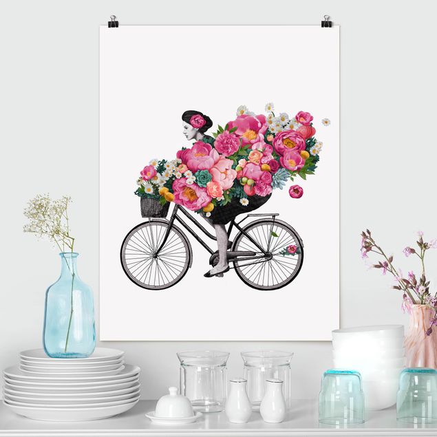 Poster Blumen Illustration Frau auf Fahrrad Collage bunte Blumen