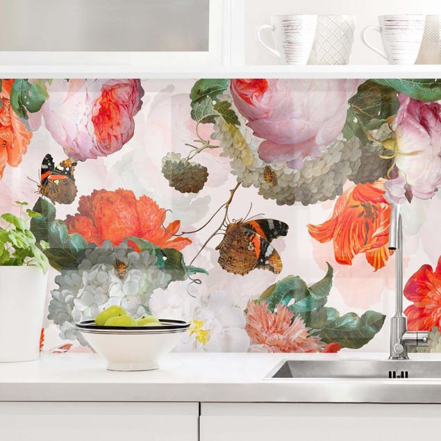 Küchen Deko Rote Blumen mit Schmetterlingen