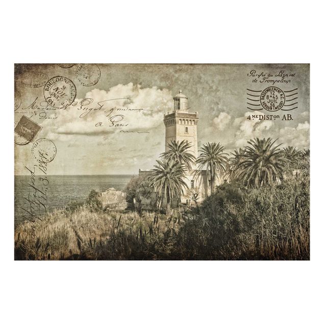 Spritzschutz Glas - Vintage Postkarte mit Leuchtturm und Palmen - Querformat - 3:2