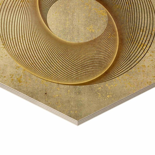 Hexagon Bild Holz - Line Art Kreisspirale Gold