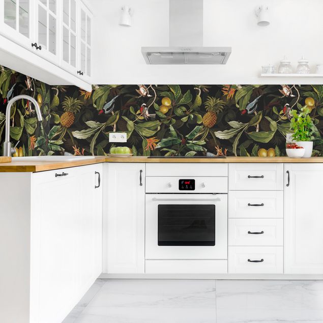 Küchenrückwände Blumen Vögel mit Ananas Grün II