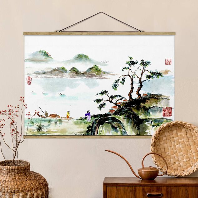 Küche Dekoration Japanische Aquarell Zeichnung See und Berge