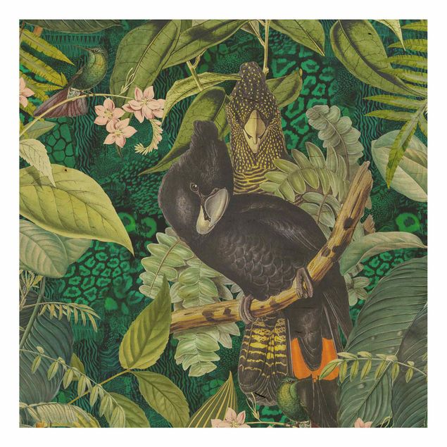 Holzbilder Blumen Bunte Collage - Kakadus im Dschungel