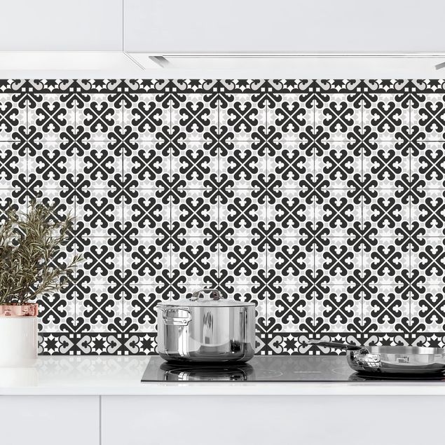 Wanddeko Küche Geometrischer Fliesenmix Herzen Schwarz