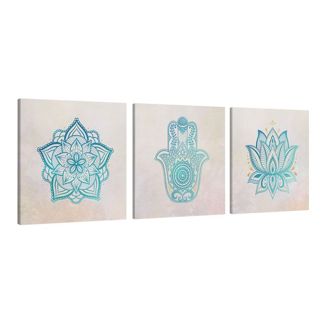 Wandbilder Mandalas Mandala Hamsa Hand Lotus Set gold blau