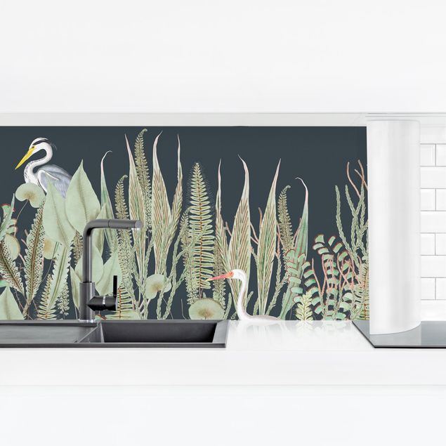 Küchenrückwände Blumen Flamingo und Storch mit Pflanzen auf Grün