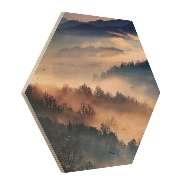 Bilder auf Holz Nebel bei Sonnenuntergang