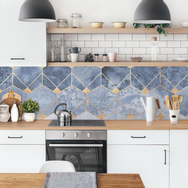 Glasrückwand Küche Blaue Geometrie goldenes Art Deco