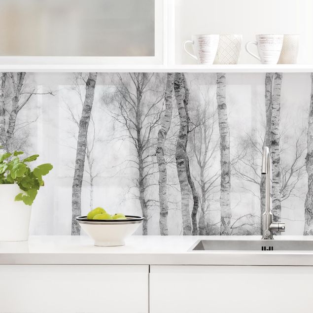 Küche Dekoration Mystischer Birkenwald Schwarz-weiß